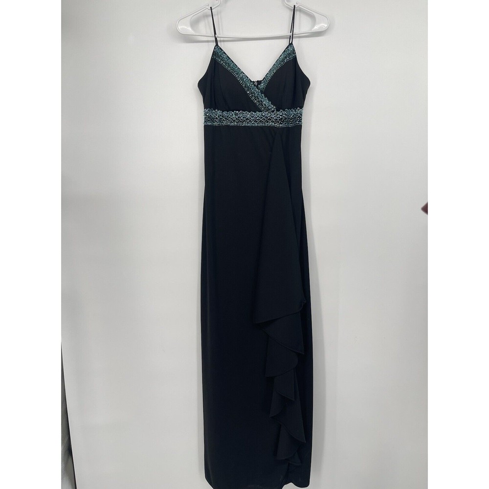 De Laru 3/4 Maxi Dress Women Black Excellent Beaded Ruffle Formal Gown 41812-3